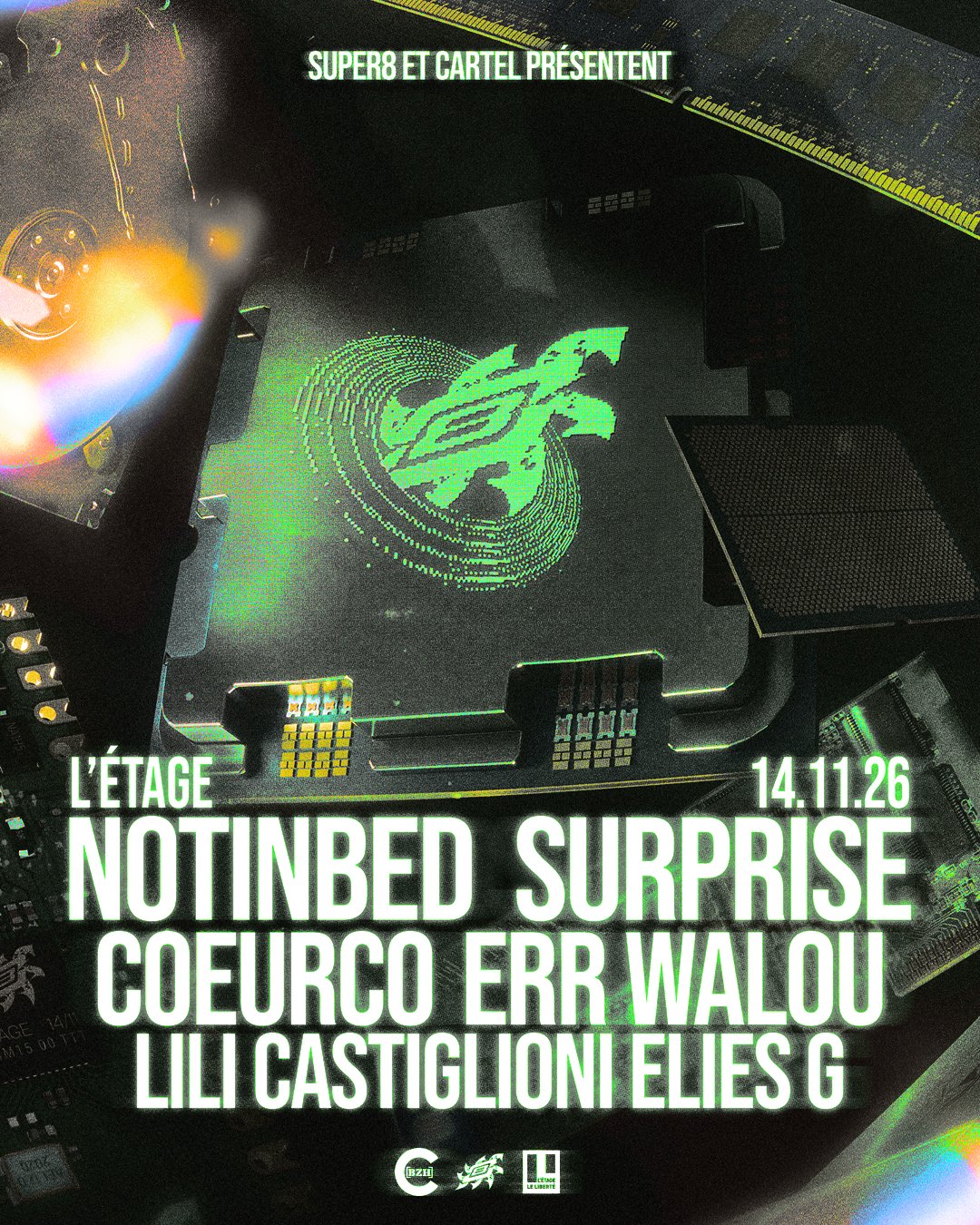 L’affiche de Super8 [3] : samedi 14.11.26 à L’Étage, avec Notinbed, Surprise, Coeurco, Err Walou, Lili Castiglioni et EliesG.